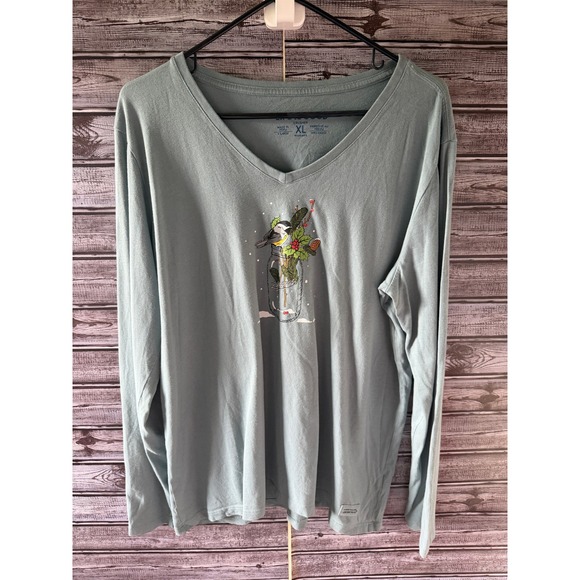 Life Is Good Tops - Life is Good Women's Long-Sleeved Crusher Tee Size XL Mason Jar Bird V-Neck